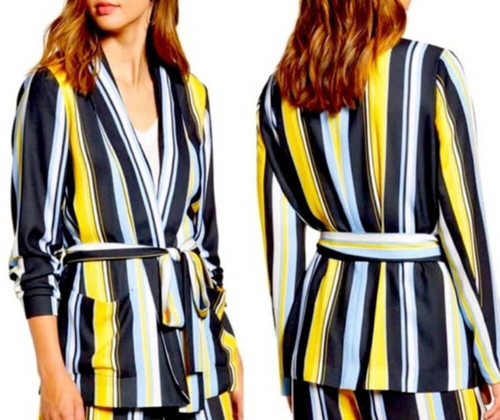 Halogen NWT Black Lucinda Stripe Soft Tie Waist Blazer Jacket Open Front Small